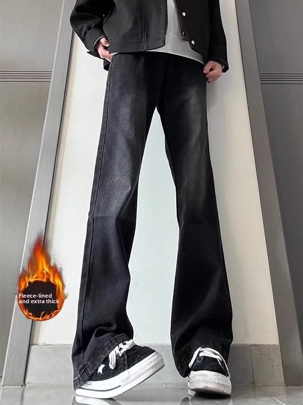 

Cleanfit Men's Fleece Lined Bootcut Jeans mid Waist Straight Leg Jeans American High Street Washed Gradient Black Knife