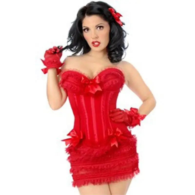 3 Pieces Women Sexy Red Corset Dress Set Sexy Overbust Bustier Top with Lace Ruffles Mini Skirt Korset Suit Plus Size Night Wear