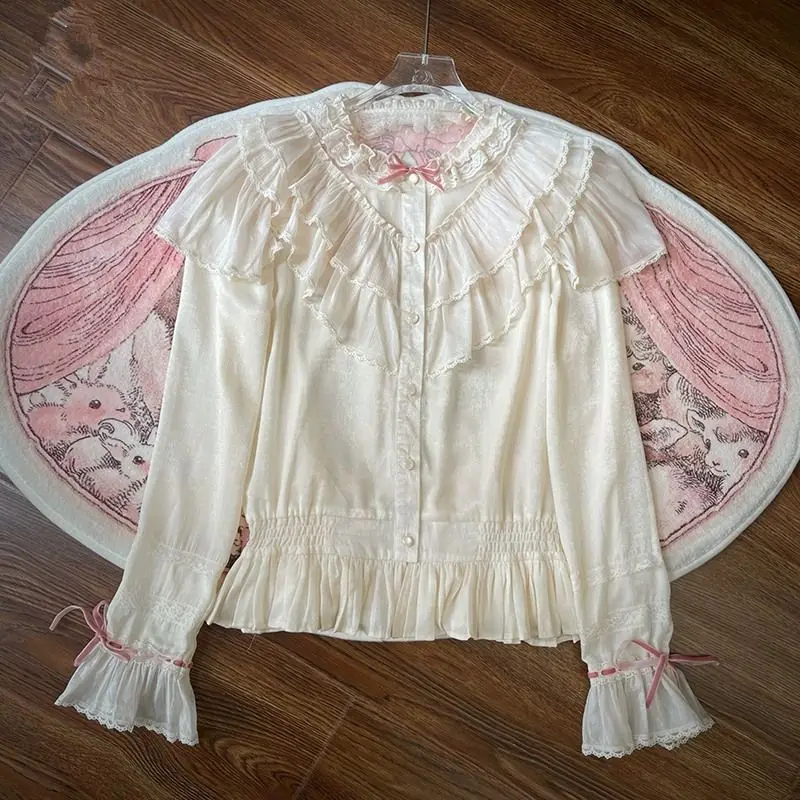 

NONSAR Sweet Lolita Blouse Women Elegant Long Sleeve V Collar Ruffled Spell Yarn Long Sleeve Shirts Japanese Y2k Princess Tops