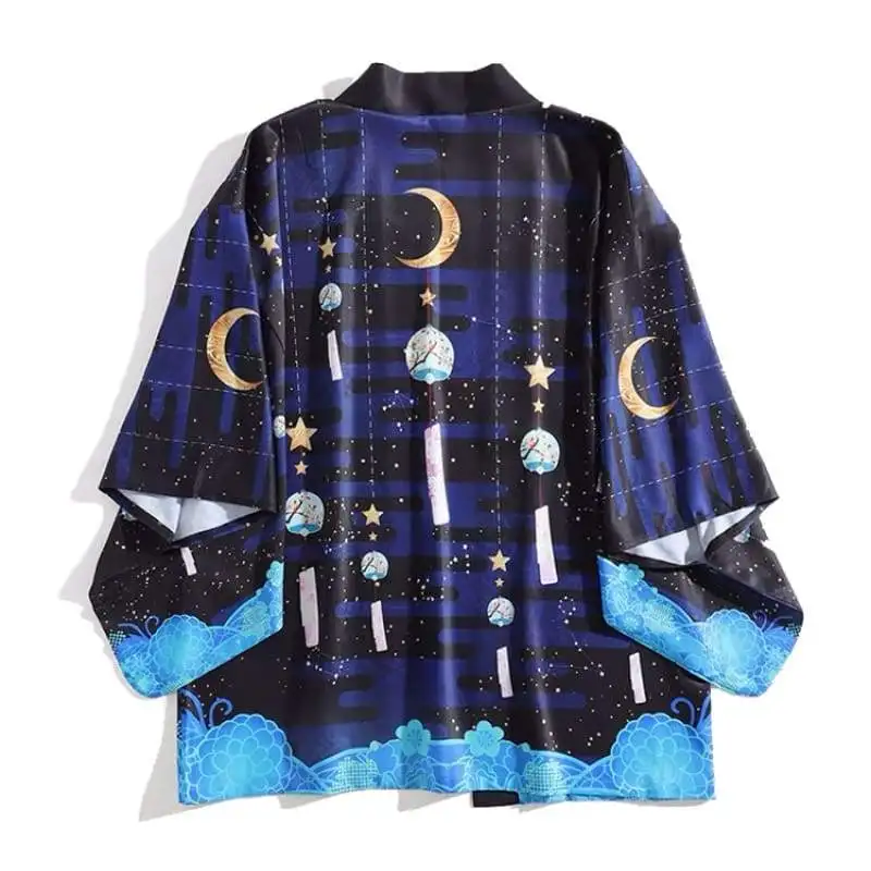 

Japanese Loose Bathrobe Stars Follwoing Ringtone Dark Blue Color Haori Summer Sunscreen Kimono Literature and Art Cosplay Women