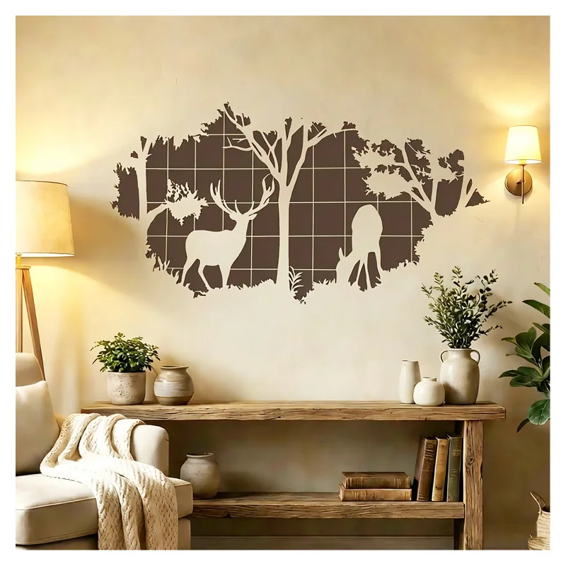 

Большой трафарет для рисования на стене с изображением лесного пейзажа: силиhouette оленя, дерева, многоразовый, для декора дома своими руками
