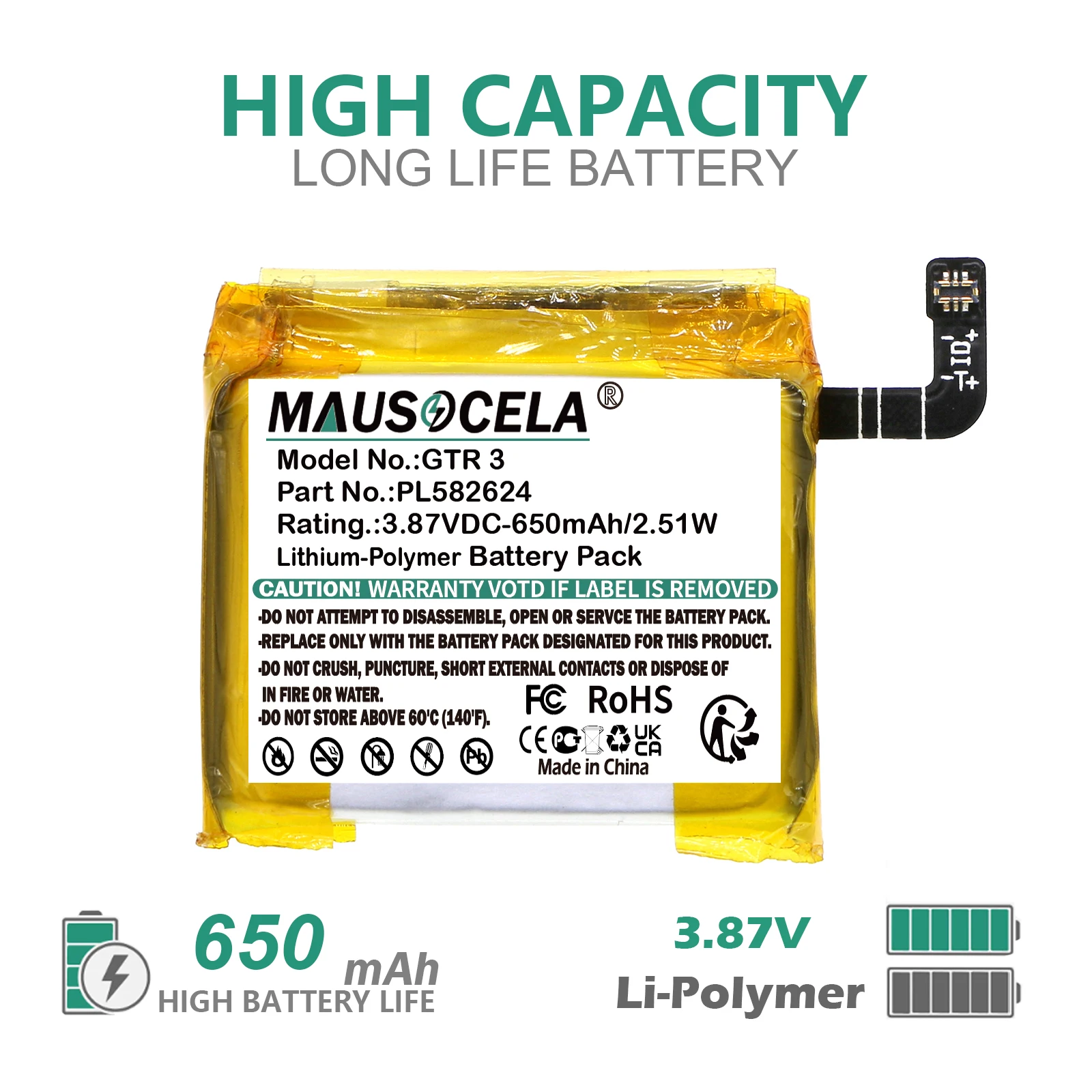 Smartwatch Battery For Amazfit:PL582624,GTR 3,GTR 3 Pro,A2040,A2039 , 650mAh / 2.51W,Li-Polymer,3.87V