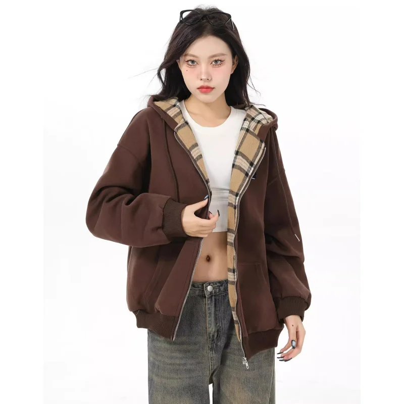 Imagem -04 - Jaqueta Folgada com Capuz para Mulheres Moda Coreana Streetwear com Bordado Mangas Compridas Marrons Tops de Pelúcia Roupas Y2k Nova Primavera 2024