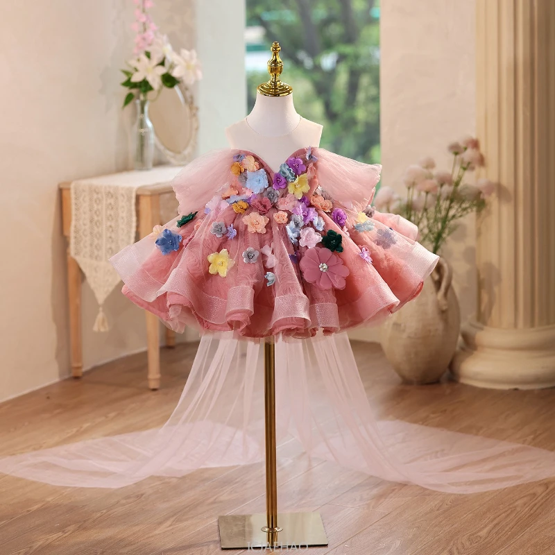 Elegant Dress For Girls Flower Princess Dresses Kids Birthday Party Pageant Gown Piano Recital Host Outfit Children Costumes