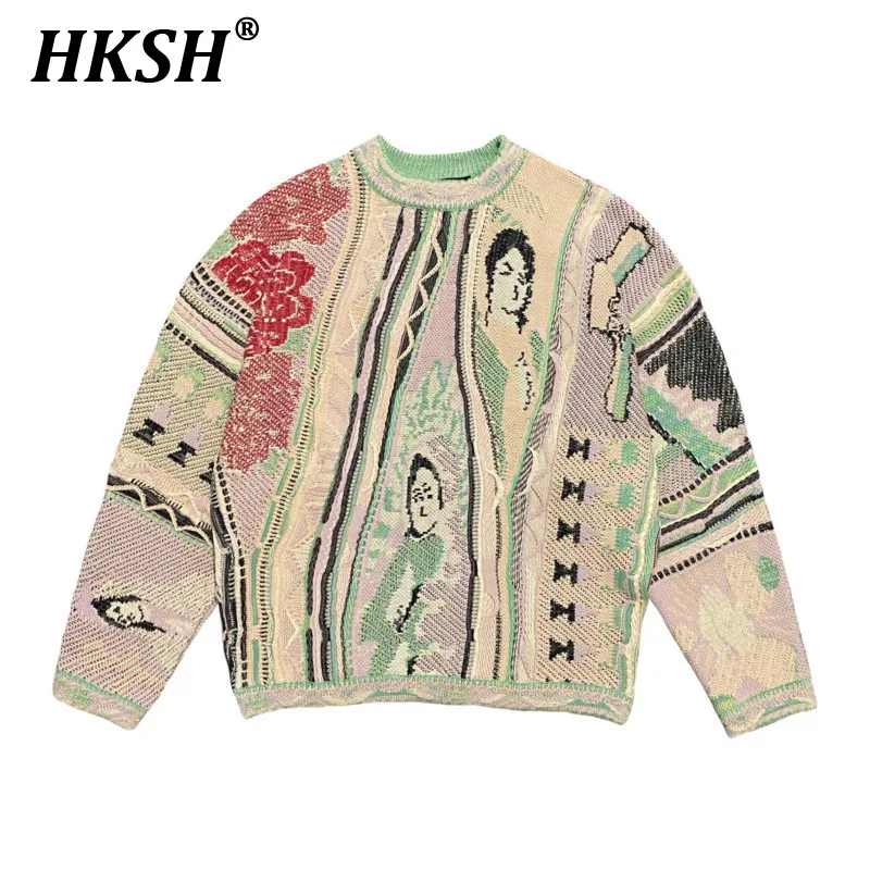 HKSH Men's Tide Vintage Color Contrast China-Chic Pattern Knitted Round Collar Pullover Sweater Jacquard Large Size Chic HK3193