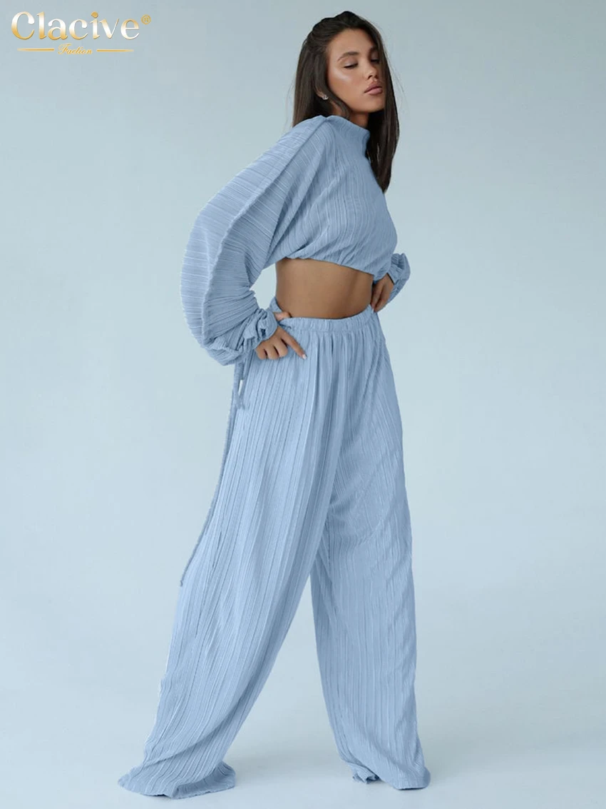 

Clacive Fashion Loose Blue Pleated Women Two Pieces Set 2025 Elegant Long Sleeve Crop Top With High Waist Wide Pants Set Female