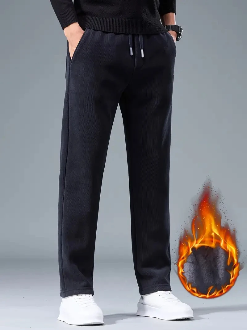 2025 الشتاء سروال قصير Sweatpants الرجال الرباط صوف مبطن سميكة الدافئة واسعة الساق مستقيم سراويل تقليدية الذكور فضفاض بنطلون