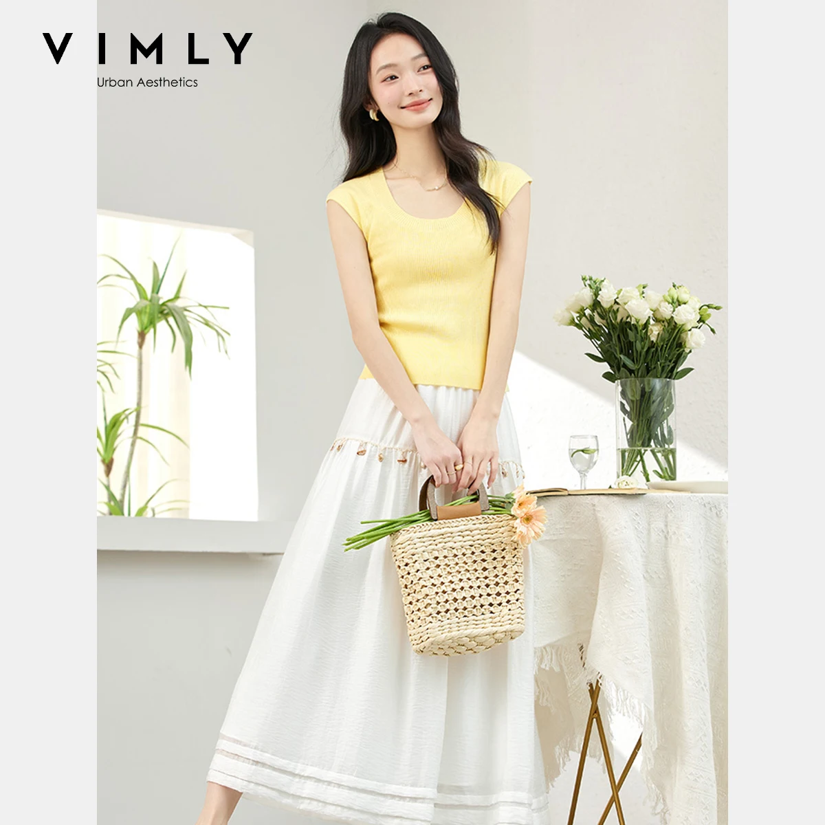 VIMLY Midi Skirts Women's Summer Bohemian 2025 Summer Bohemian Shell Woven White Loose Casual Bud Skirt Woman Clothing A1893