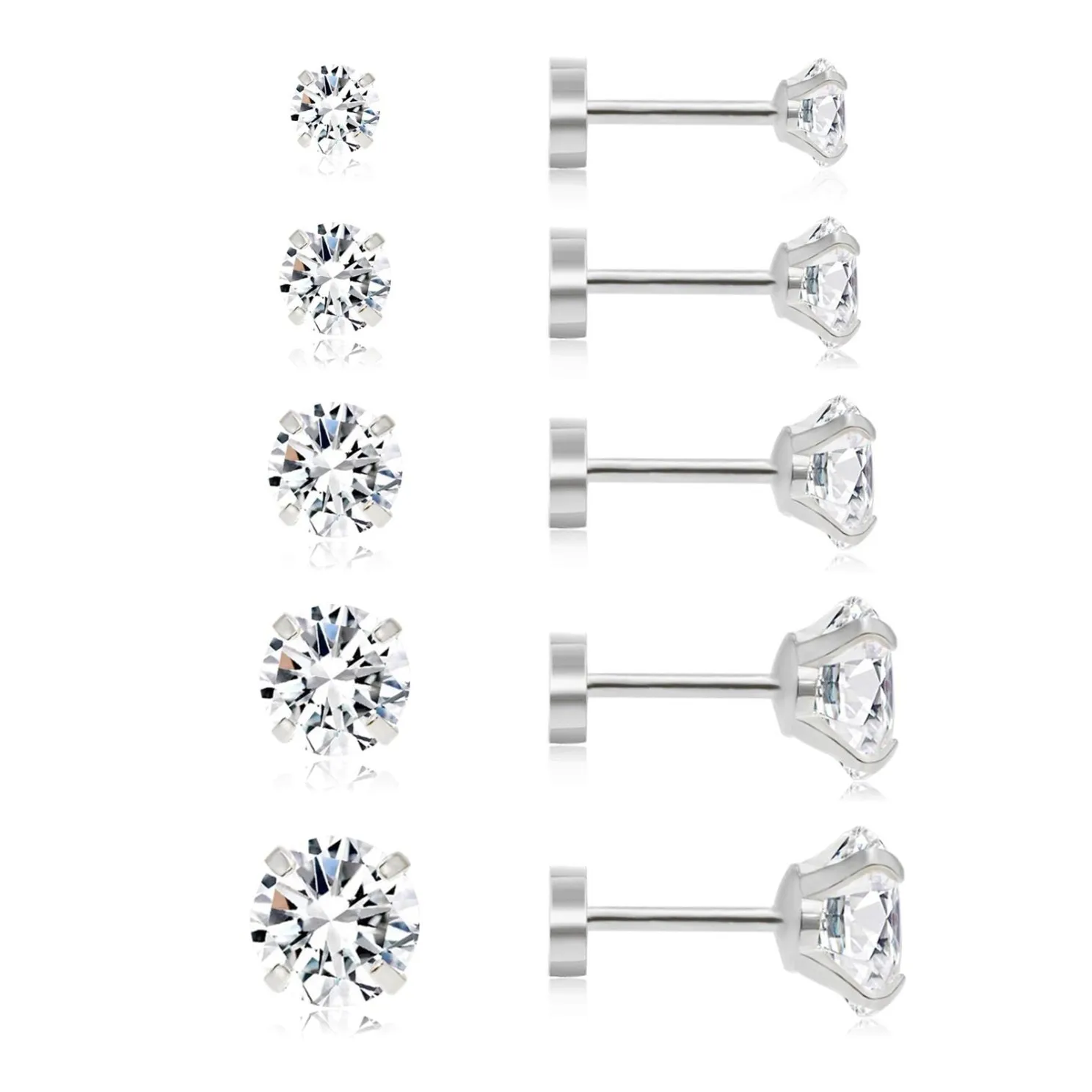 5 Pairs Flat Back Stud Earrings Set, Hypoallergenic Cubic Zirconia 316L Earrings Stainless Steel CZ Flatback Earrings For Women