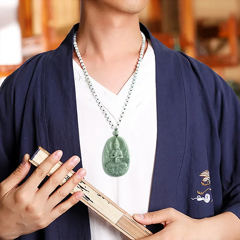 Jiale/Hand Carved/Natural Jade Bean Green Lotus Guanyin Emerald Necklace Pendant High Jewelery Men Women Couple Gift Accessories