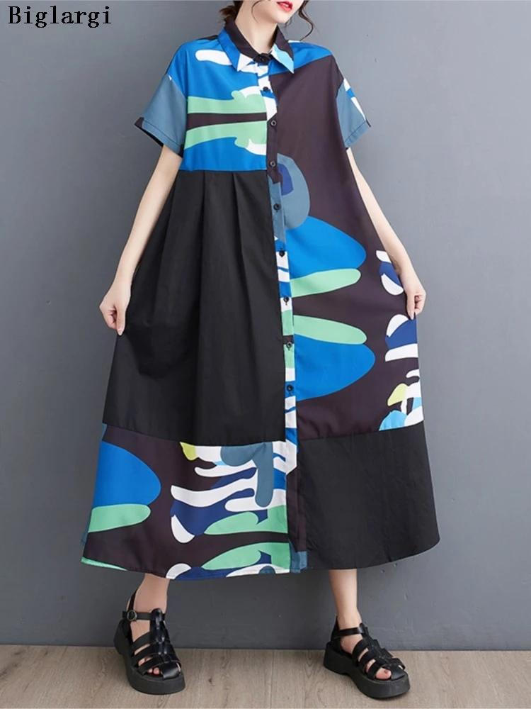 

Oversized Summer Shirts Dress Women Irregular Print Patchwork Fashion Casual Loose Ladies Shirts Dresses Ruffle Woman Dress