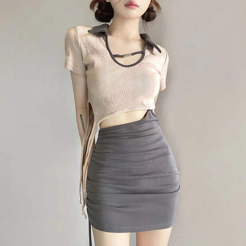 Bodycon Dress Hollow out American Retro Bandage Slim Sexy Women\'s Turndown Collar Short Sleeves Dress Contrast Color