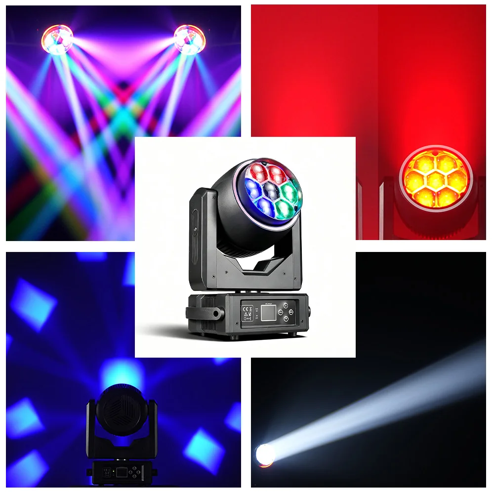 

LED 7x40W RGBW 4in1 Bee Eye Effect Moving Head Lighting Wash Strobe with Zoom DJ Disco Party DMX Music Control Christmas Light