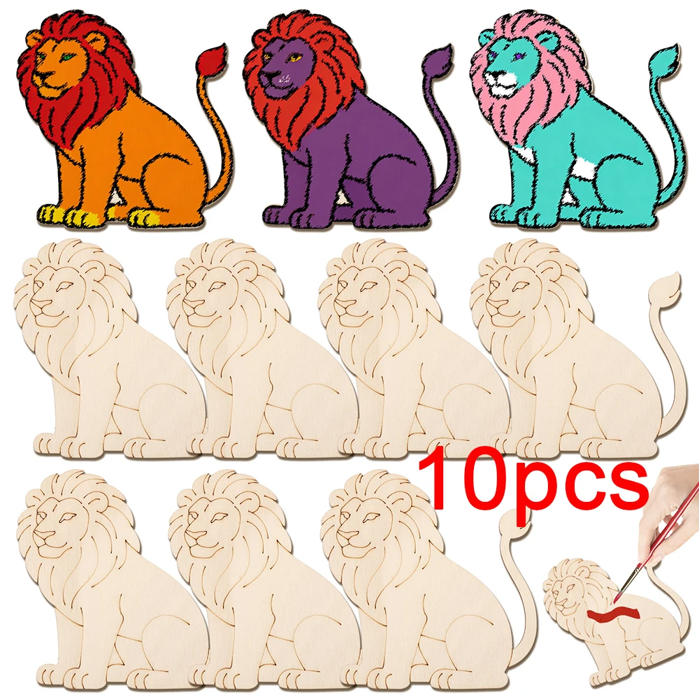 Art Craft Lion - 10個/セット 未完成の木製ライオン動物オーナメント、木製吊り下げ飾り用木製クラフトセット、DIYアートクラフトペイント家の装飾
