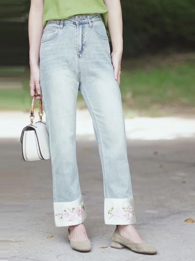 

New Chinese Sle Embroidered Loose Straight Jeans Women's Spring Summer Casual Vintage Nine Point Pants Cotton Stretch Denim