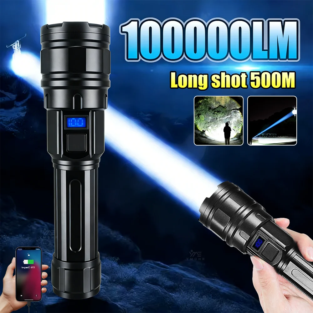 

Мощный перезаряжаемый светодиодный фонарь 100000 лм с белым лазером, тактический фонарик с цифровым дисплеем и функцией Power Bank для кемпинга и туризма
