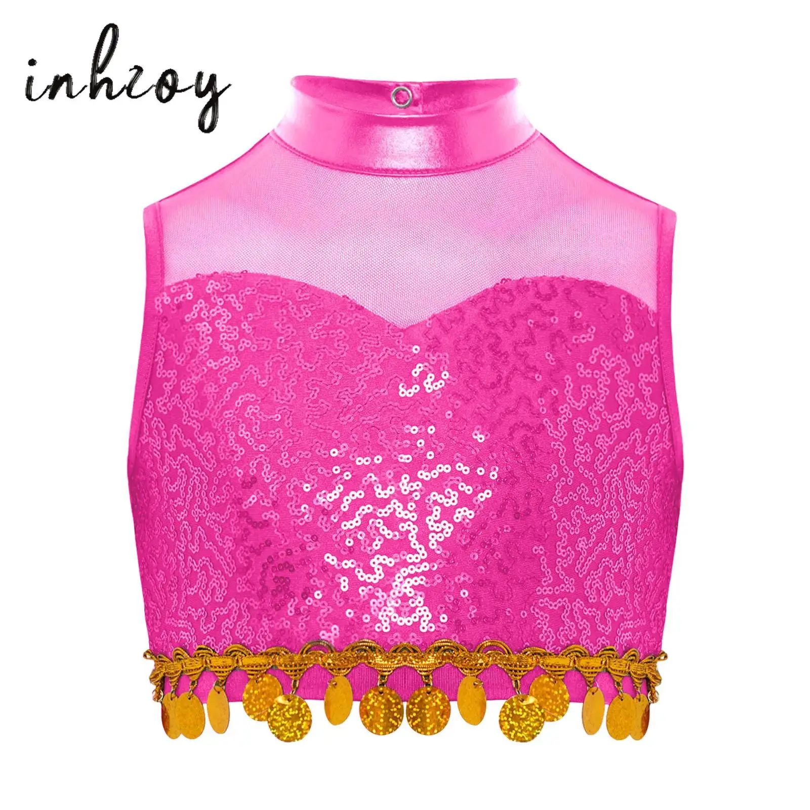 

Kids Girls Shiny Sequins Indian Belly Dance Top Mock Neck Sleeveless Keyhole Back Sheer Mesh Patchwork Crop Tops Jazz Dancewear