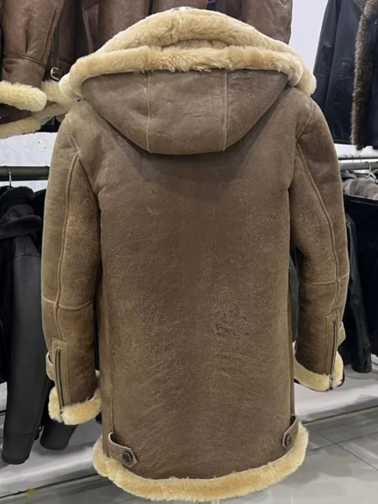 Negócios estilo casual cor sólida masculino mangas compridas com capuz pele real único breasted bolso artesanal casaco de pele de carneiro