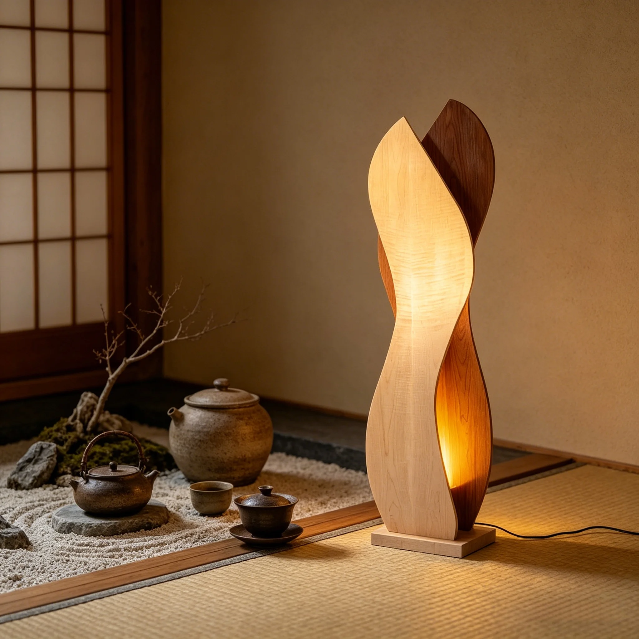 

！@Handcarved Walnut Wood Craft Floor Lamp-Twisted Leaf Shape L30xH120cm Modern Wooden Lighting Ornament for Home Interior Decor