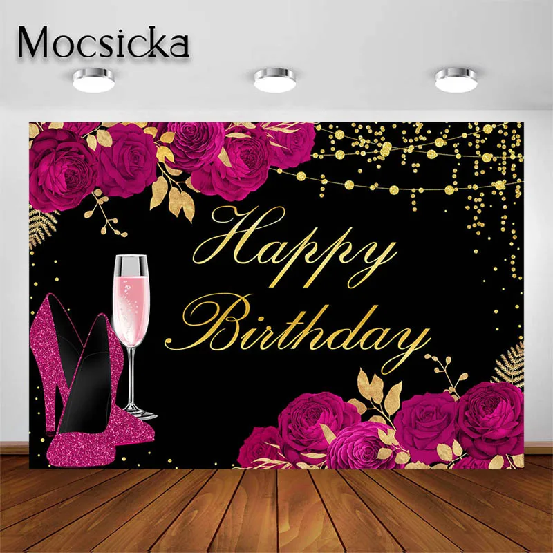 Mocsicka Birthday Party Decoration Photography Backdrops for Woman Shiny Red Heel Flowers Background Portrait Photo Studio Props