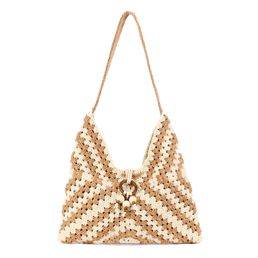 

Women Cotton Straw Tote Bag Large Capacity Vacation Shoulder Bag Daily Casual Handbag Patchwork Design Hollow Summer Beach Bags