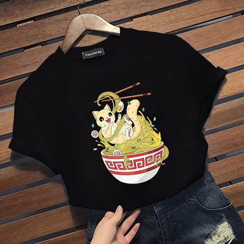 

Funny Ramen Cat Graphic Printed T-Shirt Men's and Women's Personalized Creative Anime Lovers Round Neck Short Sleeve Shirt