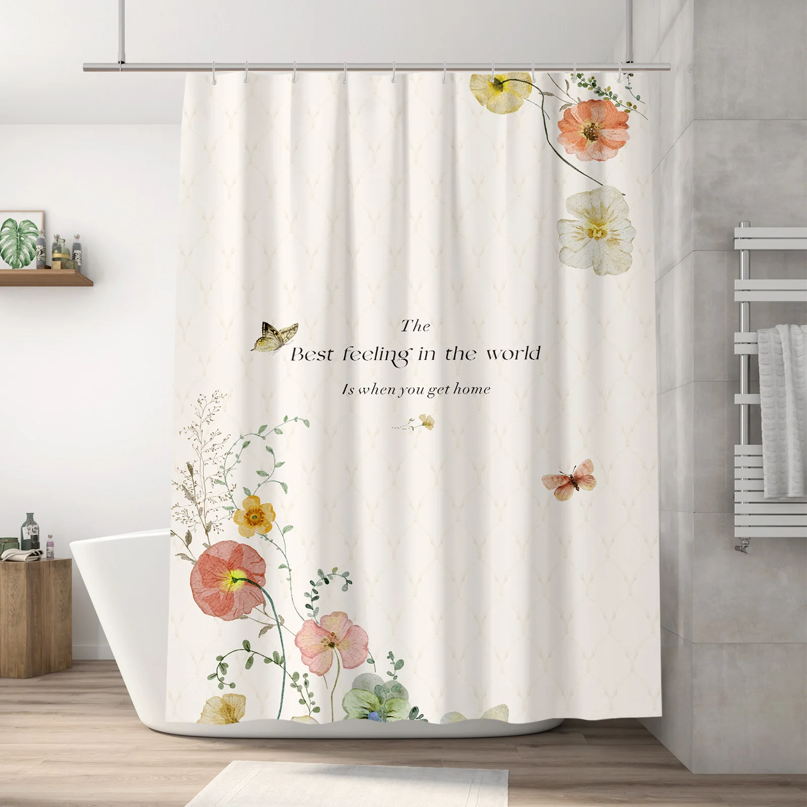

Fabric Shower Curtain, Watercolor Floral Pattern with Hooks, Bathroom Accessories Modern Style Shower Curtain