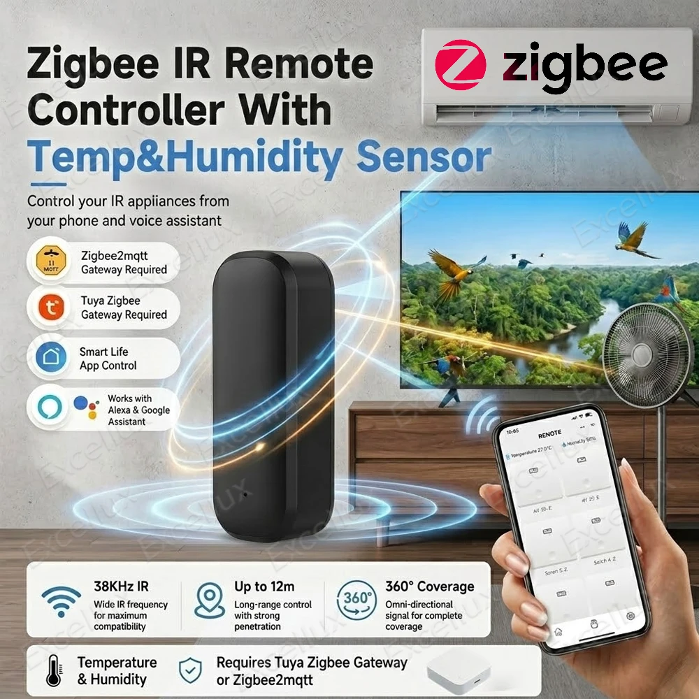 Tuya Zigbee 38KHz IR Remote Control Temperature Humidify Sensor Smart Wireless Universal for TV DVD AC for Alexa Google Home Z2M