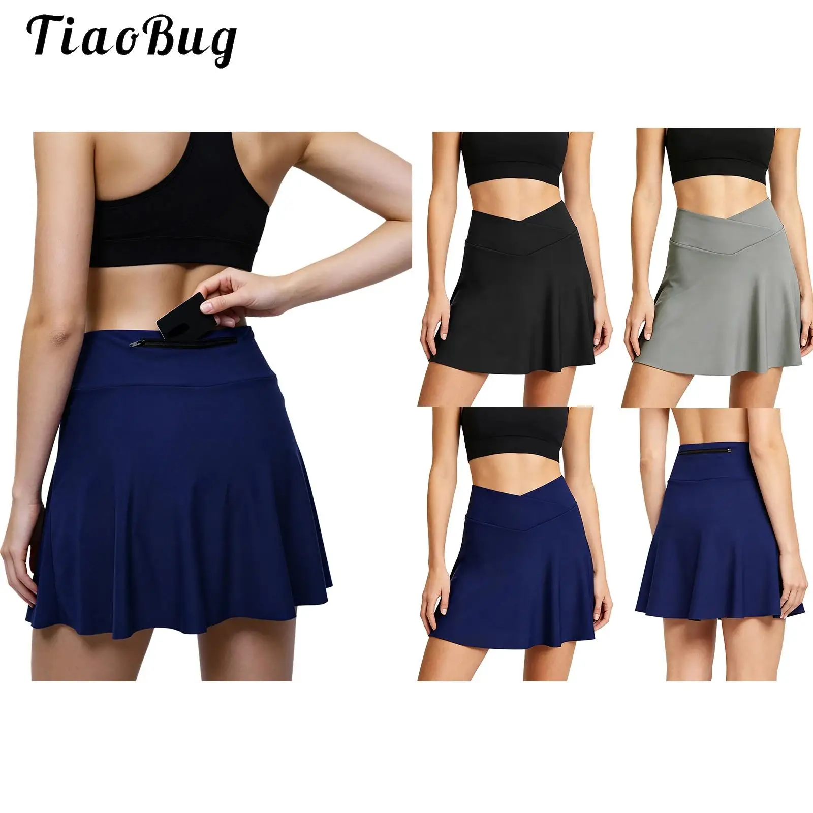 Women V-front Cycling Skirt with Built-in 3D Padded Shorts Back Mountain Bicycle Riding Skorts with Back Waist Zipper Pocket