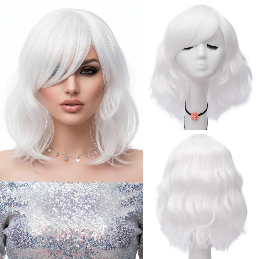 

MSIWIGS женские короткие волнистые синтетические парики для косплея белого цвета с челкой для вечеринки, Хэллоуина, термостойкое волокно