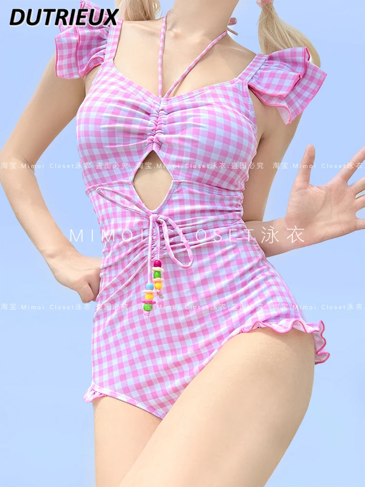 Girl Pink Plaid Swimwear 2024 New Japanese Style Sweet Cute Simple One-Piece Suits for Lady Fashion Halter Swimsuit for Women