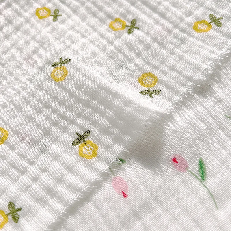 0.5/1/2 Yard Double Layer Crepe Soft Fabric 100% Cotton High-quality Soft Fresh Plant Print DIY Towel Clothes Children\'s Pajamas