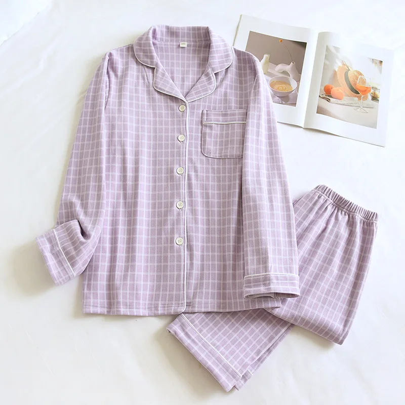 Couple Sleepwear Cotton Two-Piece Plaid Print Pajamas For Women Pyjamas Set 2024 Autumn Long Sleeve Nightie Trouser Sets