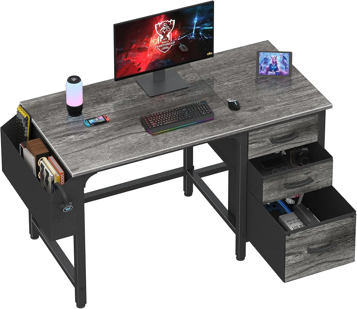 

47' Computer Desk with Filing Cabinet, Gray Home Office Gaming Study Table for Small Spaces