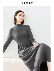 Vimly Half Turtleneck Knitted Sweater Dresses 2023 Winter Long Sleeve High Waist A-line Slim Pleated Midi Dress Clothing 16352