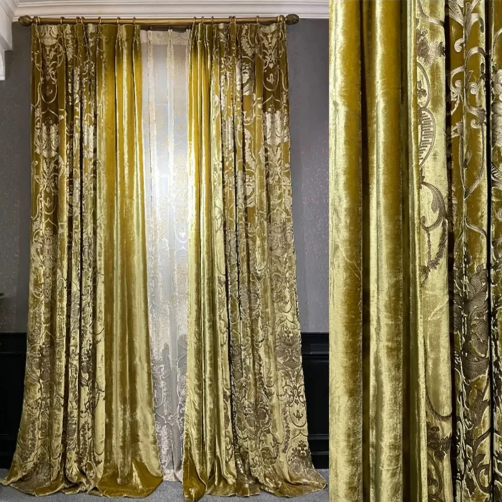 

Silk Velvet Foil Stamping Luxury Gold Blackout Curtains for Living Room Bedroom Dining Nature Vertically Custom Size White Tulle