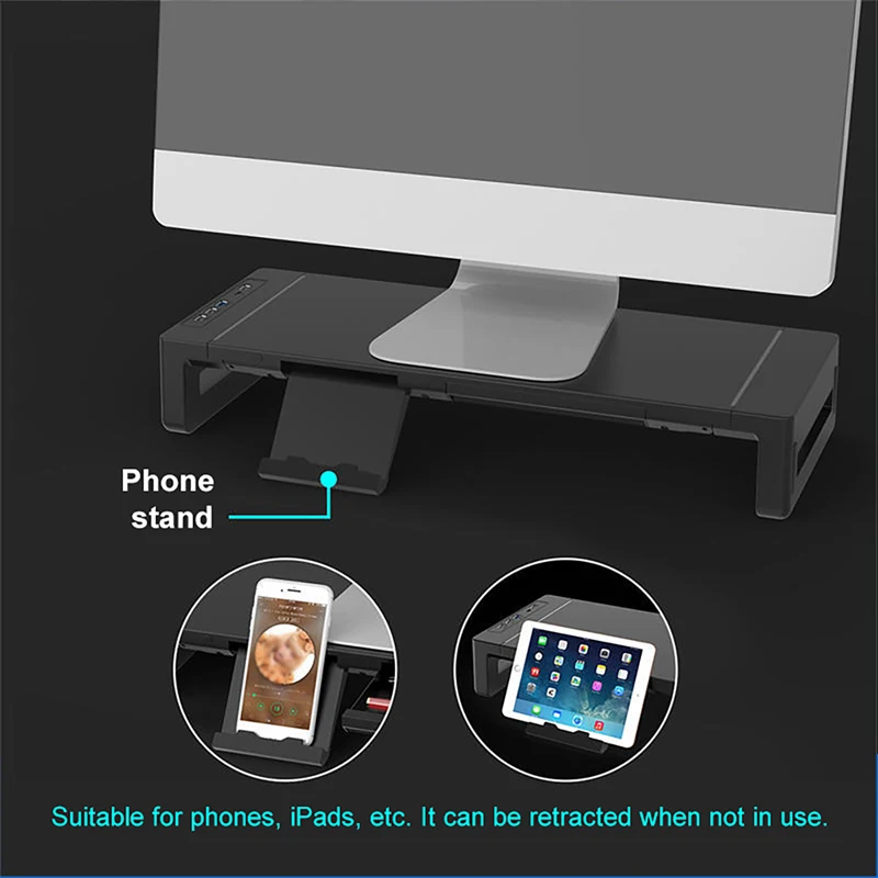 Monitor Stand Riser, With Foldable, Height Adjustable Computer Stand, Desk Shelf Riser with Storage Drawer &Tablet Phone