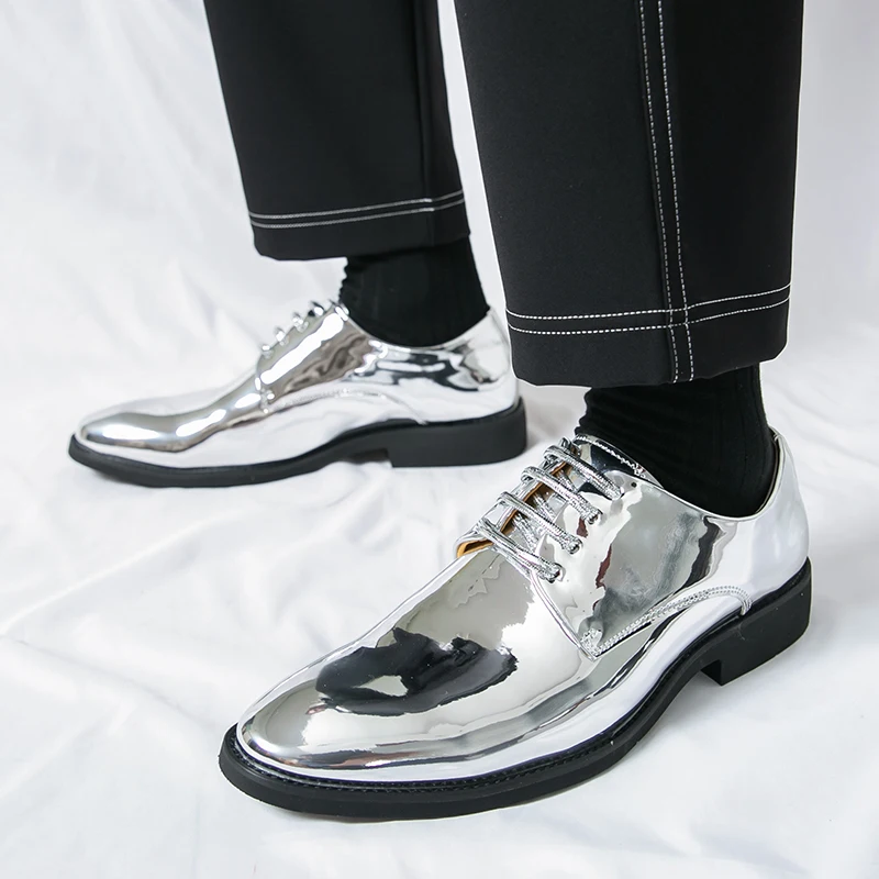 Luxury Silver Dress Shoes Man Patent Leather Shoes Large Size 50 Wedding Shoes Men Pointed toe Party Shoes Designer Formal Shoes
