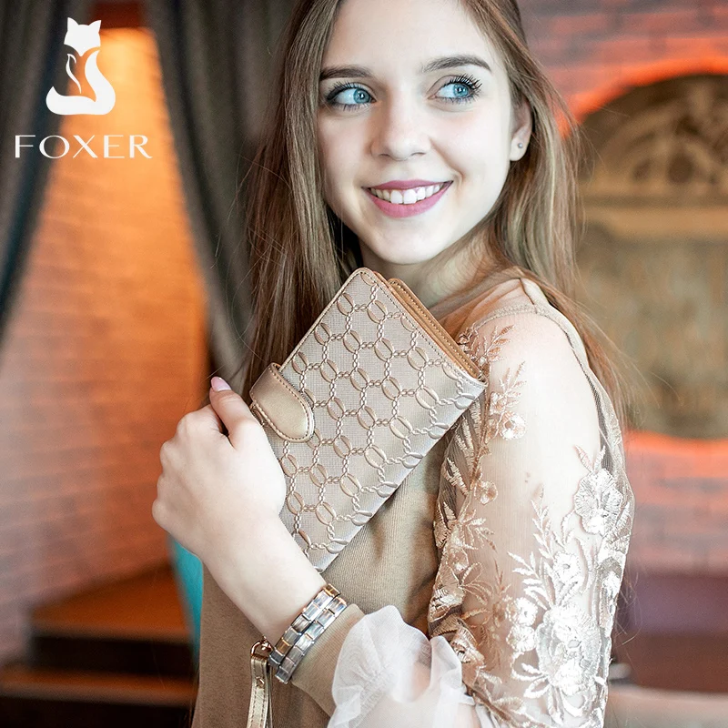 FOXER Split Leather Women's Long Wallet Lady Clutch Purse With Wrist Strap Female Trifold Coin Card Holder Multi-Card Phone Bags