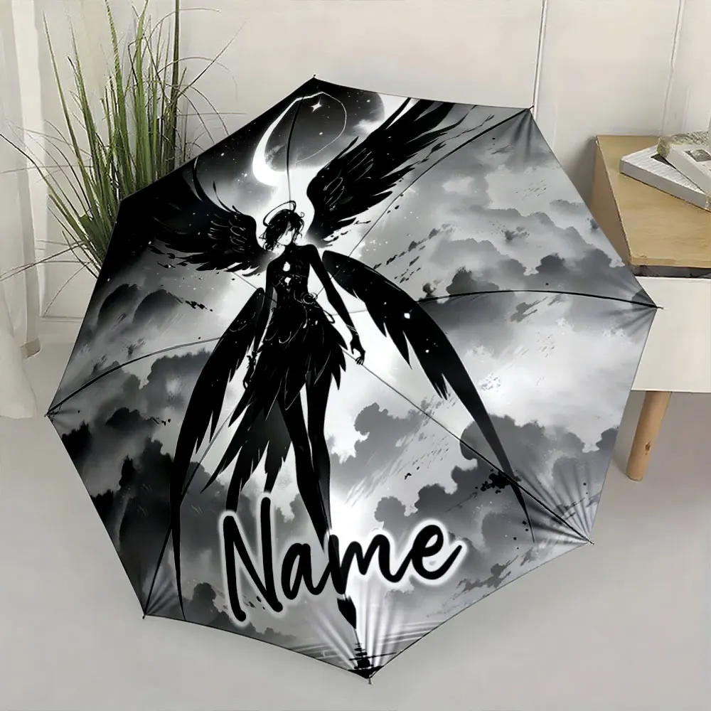 Custom Name  Mystical Angel Design on Monochrome Umbrella Print 8 Iron Ribs Folding Umbrella Auto-Open Fashion Sunshade