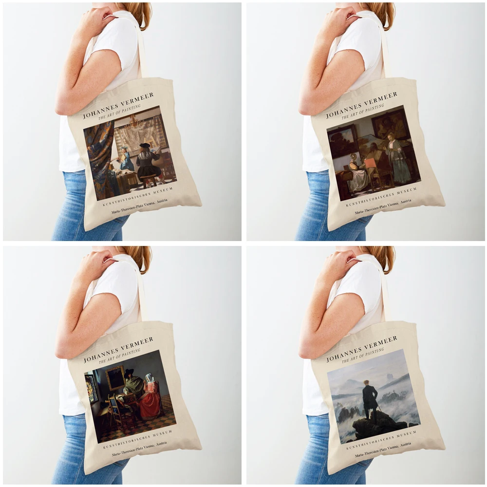 Johannes Vermeer Exhibition Rembrandt Double Print Lady Shopping Bags Nordic Shopper Bag Canvas Tote Women Supermarket Handbag