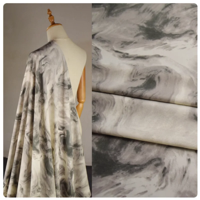 Chinese Wind Senior Feeling Water Ink Abstract Smudge Print Chiffon Fabric for Dress, Cheongsam Han Cloth, Sewing Tissue T2060