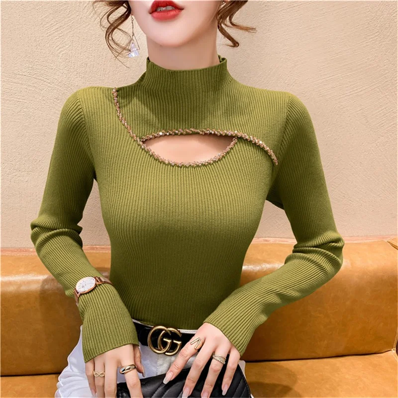 Half High Neckline Slim Fit Sweater For Women Spring And Autumn New Fashionable Sexy Studded Hollow Knit Base Sweater Female Top