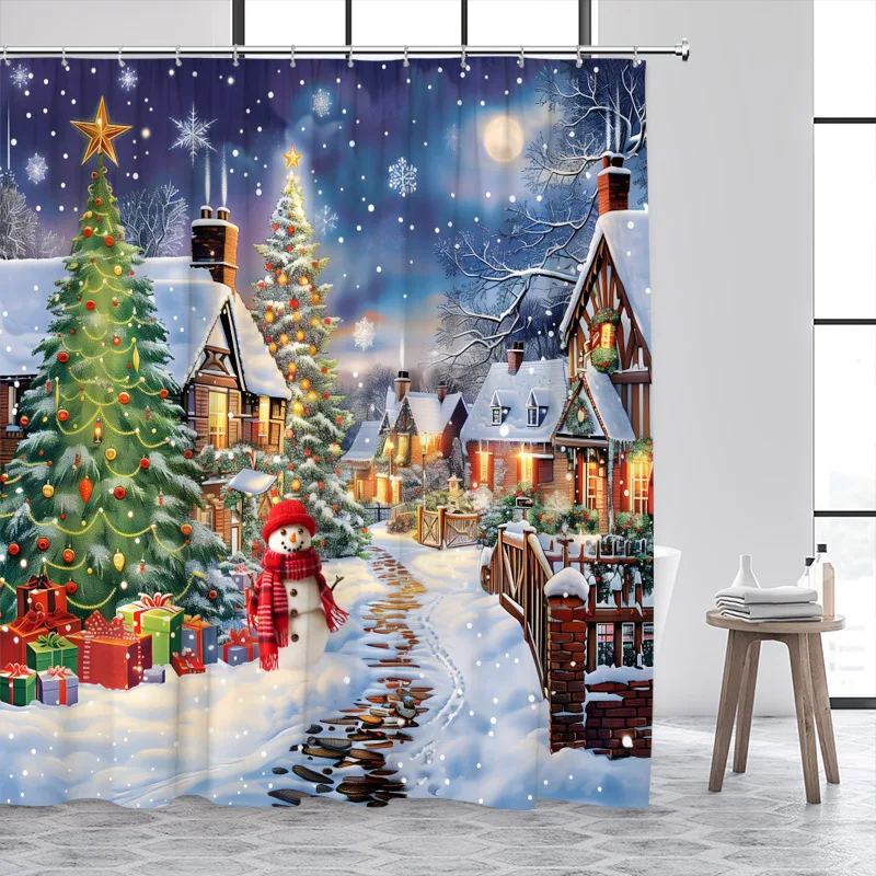 Christmas Shower Curtains Cute Snowman Santa Claus Xmas Tree Winter Town Street Landscape Bath Curtain Home Bathroom Decor Set