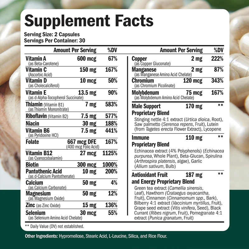 Minerais/vitamines compostos diários masculinos - vitamina A, C, E, D, B1, B2, B3, B5, etc., biotina, espirulina, zinco, antioxidante