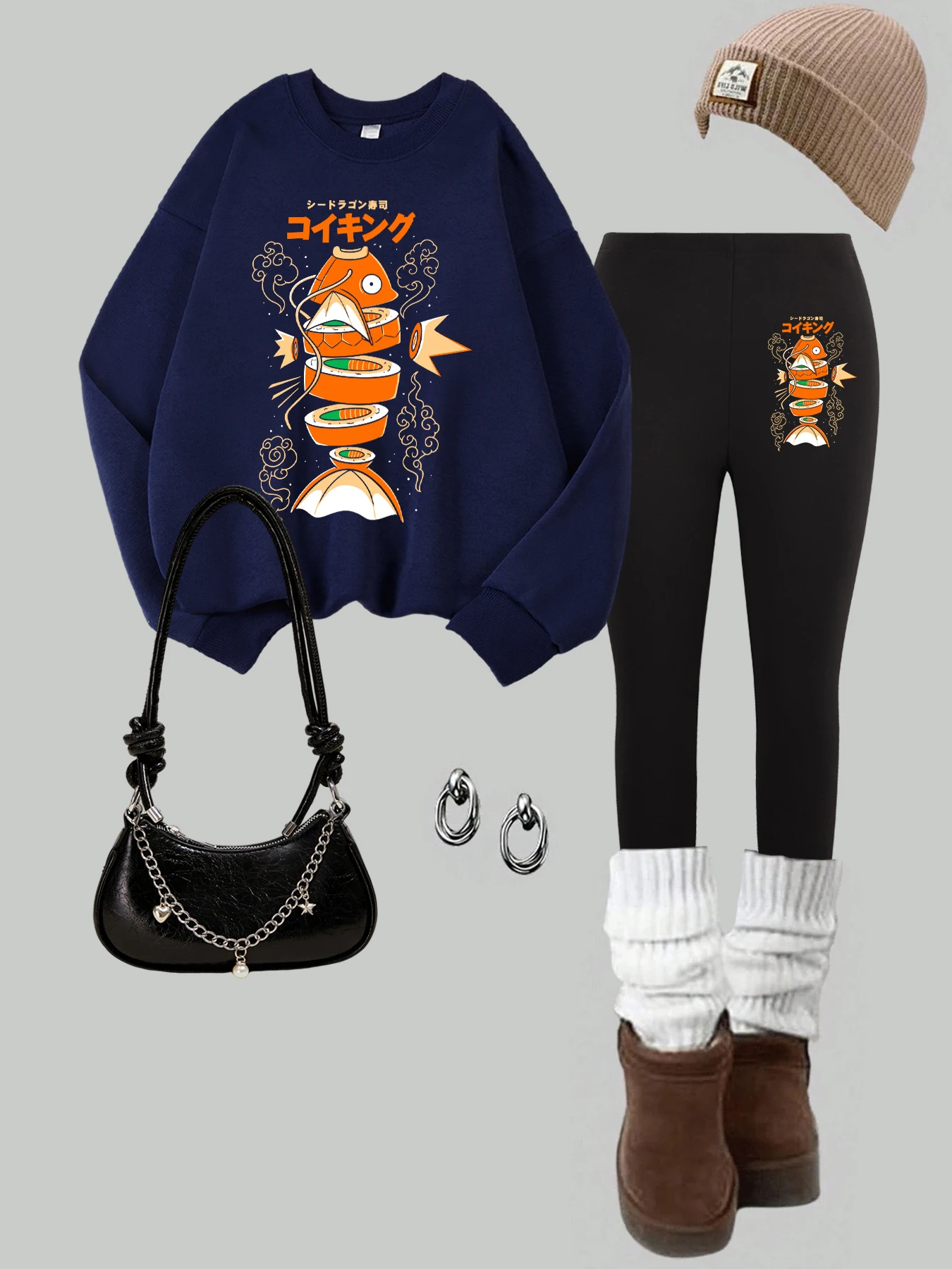 

Harajuku Fish Sushi принт женские пуловеры с круглым вырезом флисовый свитшот комплект осенние утепленные женские леггинсы эластичные комплекты брюк