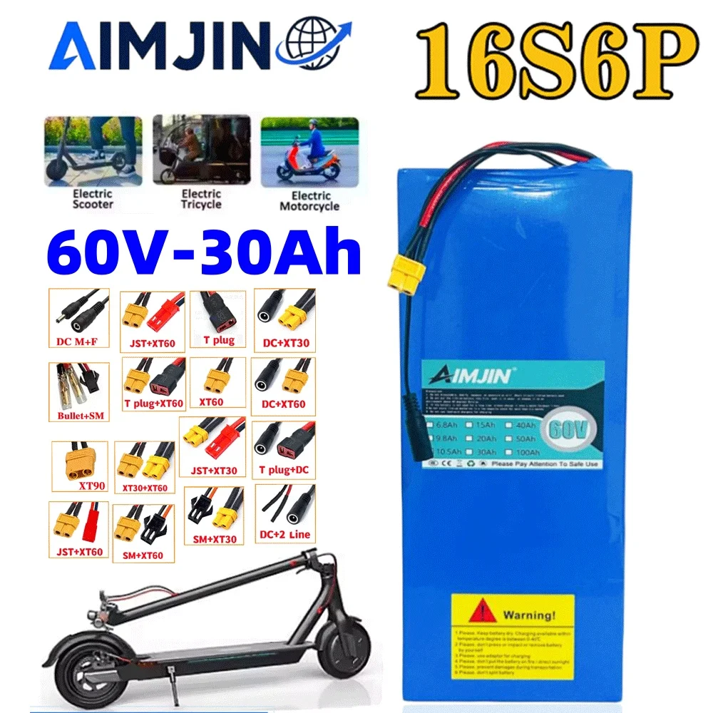 High quality 18650 16S6P 60V 30Ah Lithium Battery Pack 0-2000W High-power Built-in BMS Scooter Motorcycle Charging Battery Pack