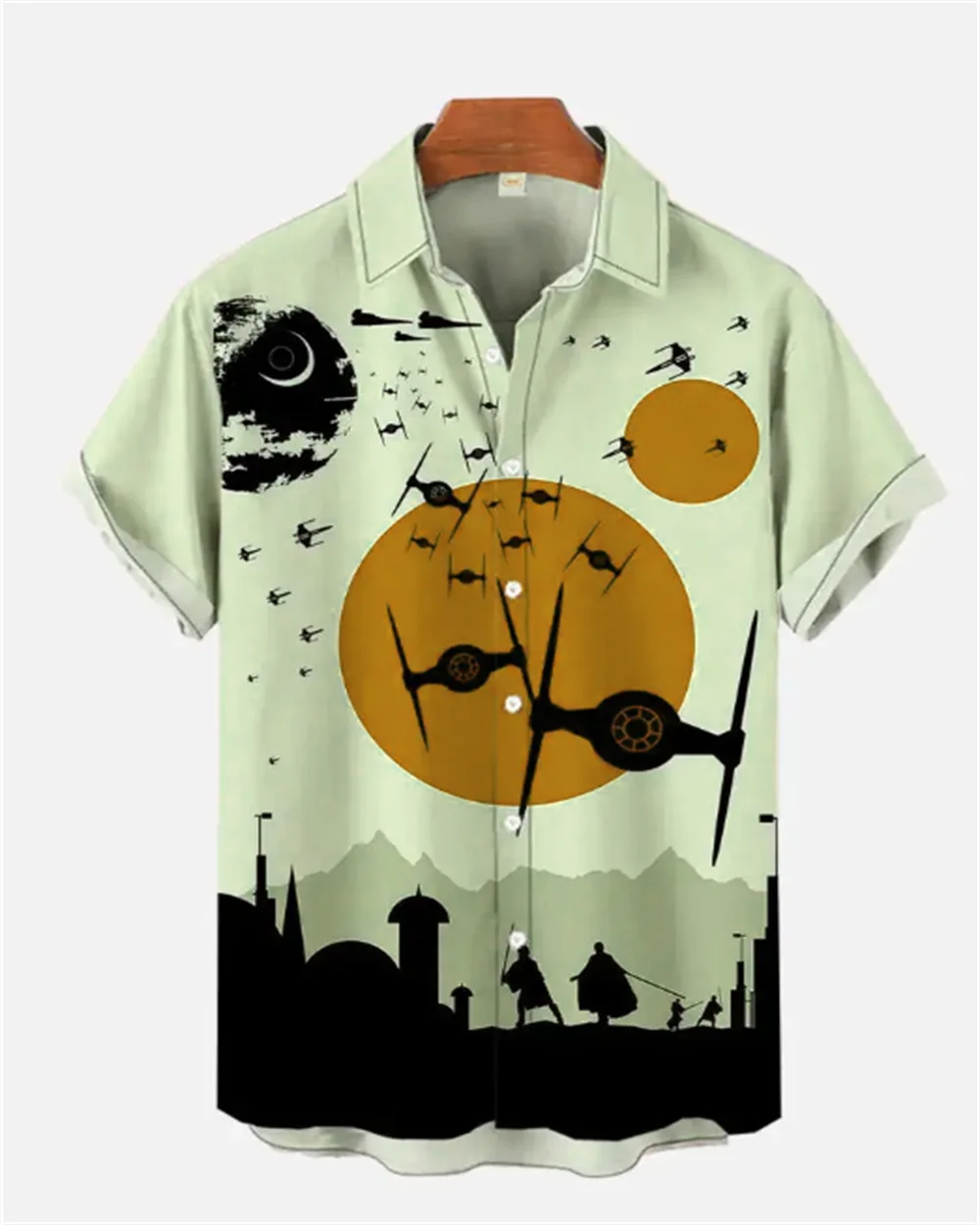 Space War Spaceship and Warrior Red Sun silhouette Short sleeved shirt Comfortable and fashionable men\'s shirt oversized design