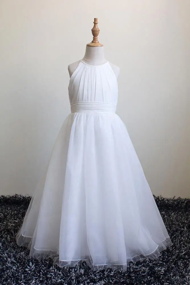 Flower Girl Dress Simple Ivory Chiffon and Netting Halter Ball Gown Junior Bridesmiad  Wedding Guest Party