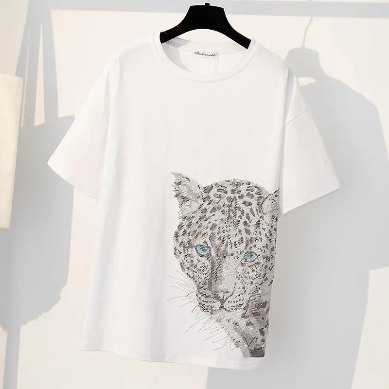 2023 Summer Fashion Trend Round Neck Leopard Print Hot Diamond Casual Loose and Handsome Street Versatile Short Sleeved T-shirt